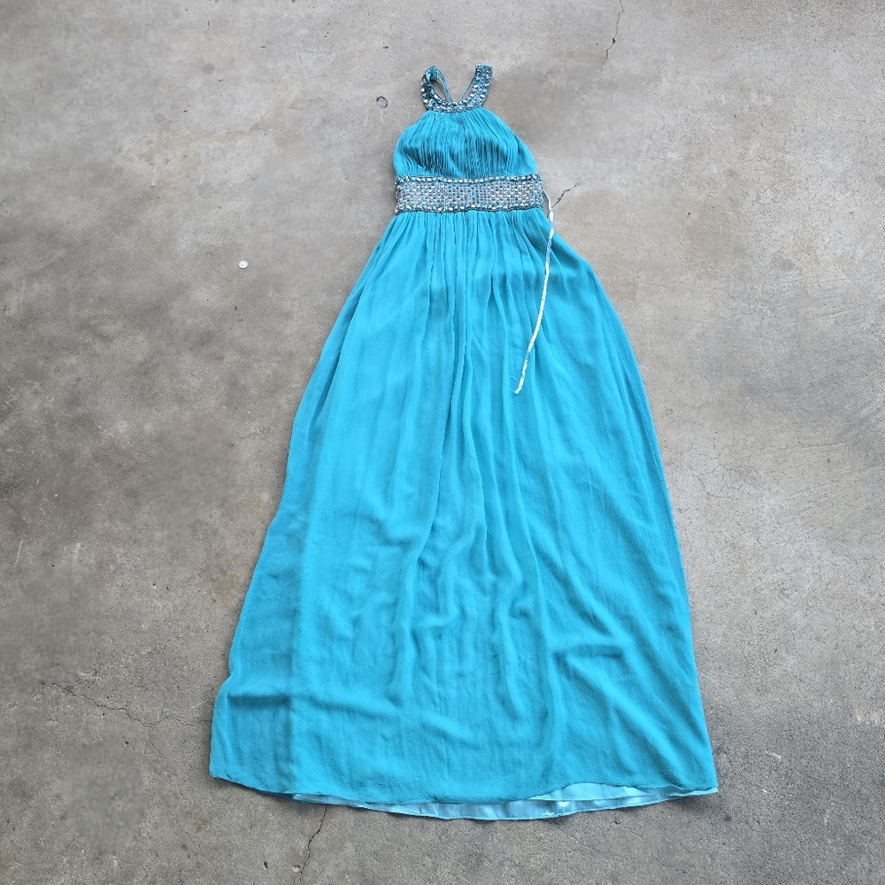 Vintage Y2K Cache Silk Blue Turquoise Maxi Beaded Dress
